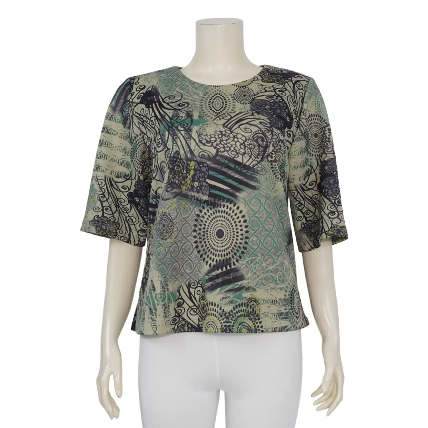 เสื้อคอกลมแขนสั้น ผ้าคูชั่นพิมพ์ลายวินเทจ