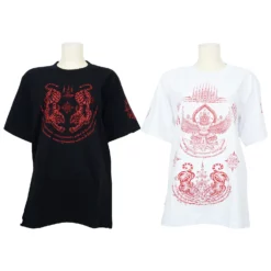 เซตเสื้อยืดคอกลม สีขาวและสีดำ  สกรีนลายยันต์โบราณ (สีขาวยันต์ครุฑ, สีดำยันต์เสือ)