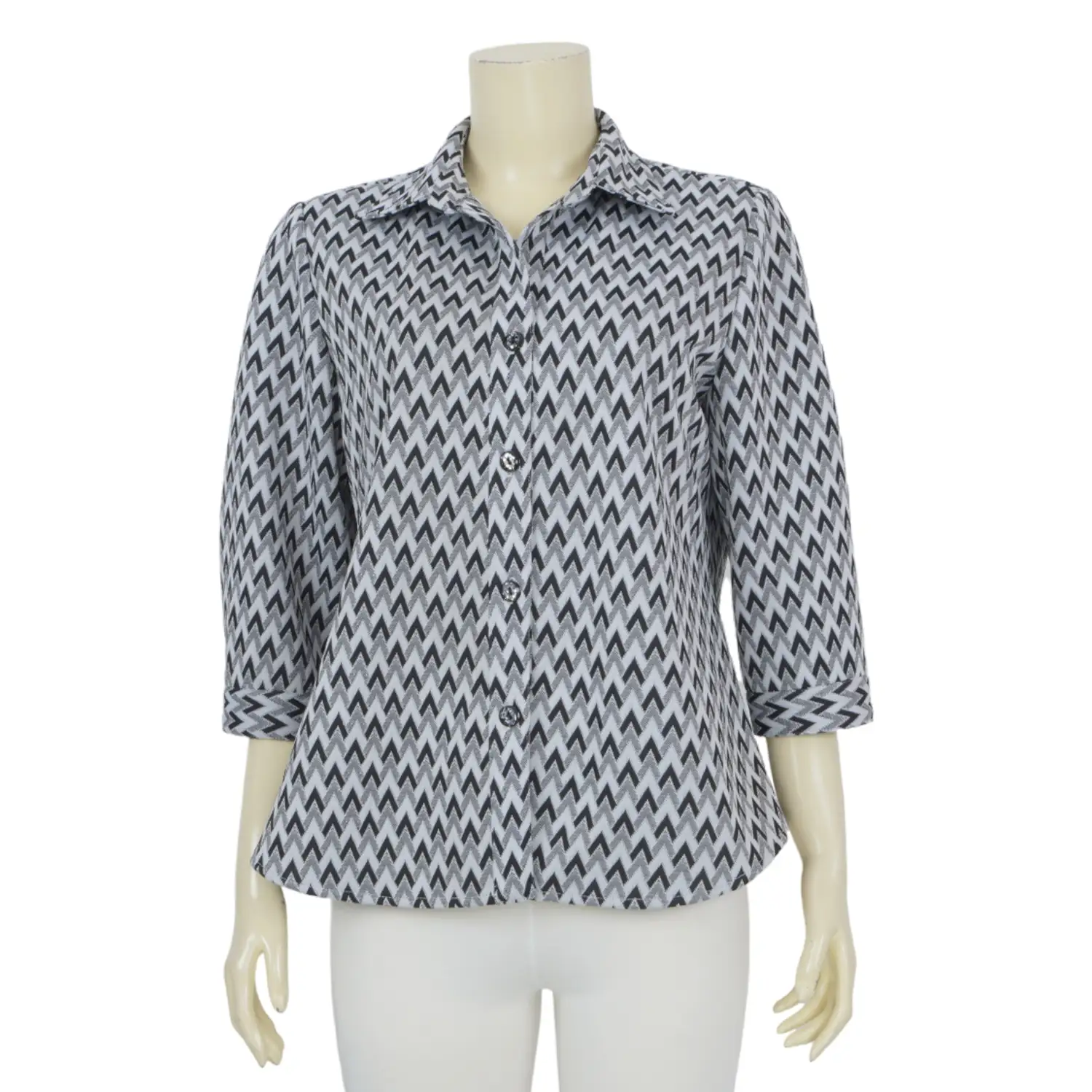 เสื้อเชิ้ตแขน 3 ส่วน ผ้ายืดแฟนซี ลายซิกแซ็กสีเทา