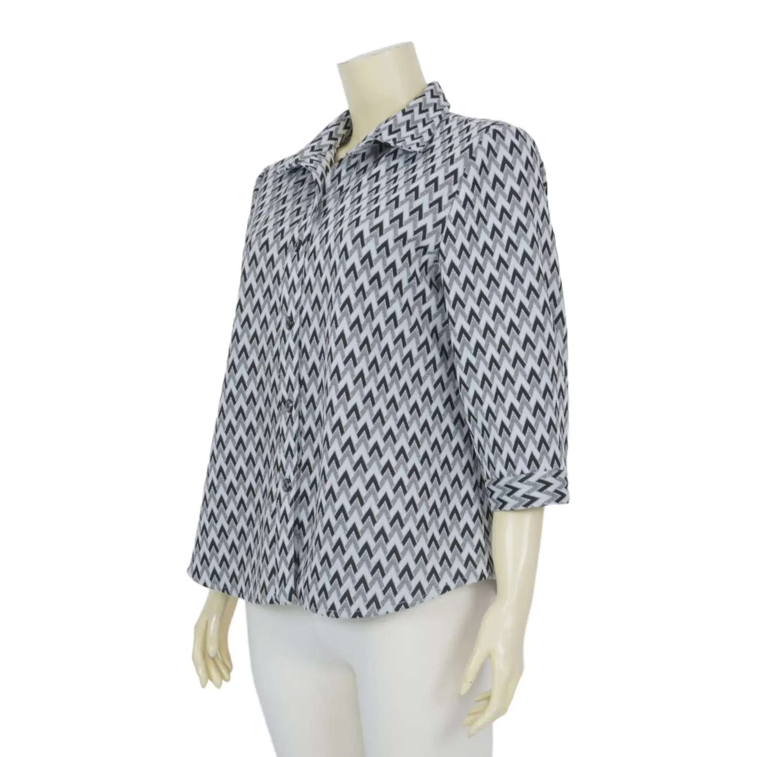 เสื้อเชิ้ตแขน 3 ส่วน ผ้ายืดแฟนซี ลายซิกแซ็กสีเทา - Image 3