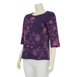 เสื้อคอกลม แขน 3 ส่วน ผ้ายืดแฟนซีสีม่วง ลายฟลอรัล - Image 2