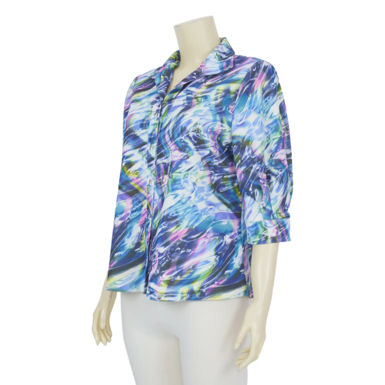 เสื้อเชิ้ตคอปกปีกนก แขน 3 ส่วน ผ้าคูชั่นลายคัลเลอร์ฟูล - Image 2