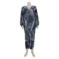 เดรสคอวี แขนพอง ลาย Navy Paisley