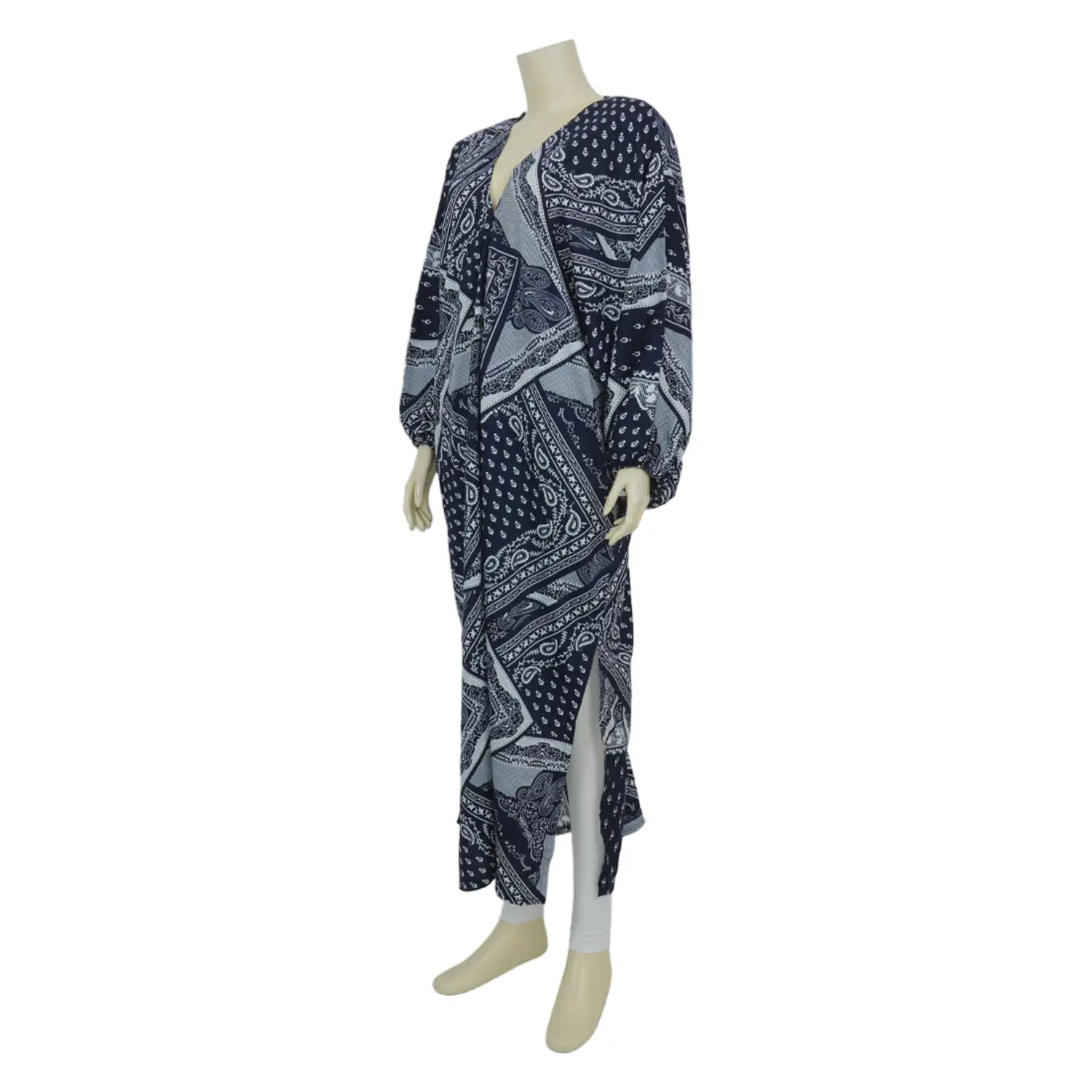 เดรสคอวี แขนพอง ลาย Navy Paisley - Image 2
