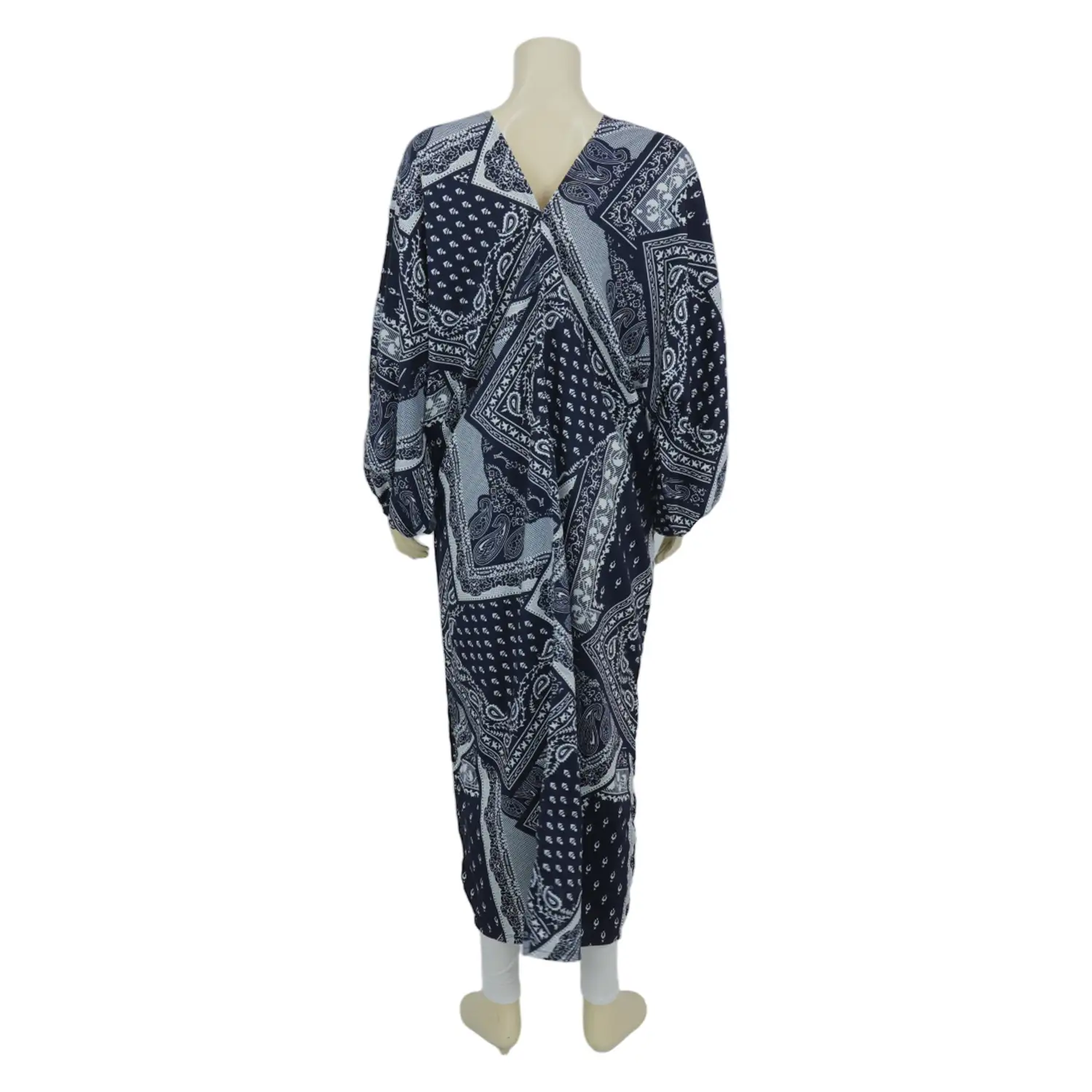เดรสคอวี แขนพอง ลาย Navy Paisley - Image 3