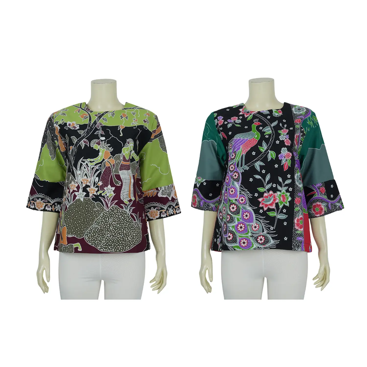 เสื้อคอกลม แขน 4 ส่วนแต่งจีบปลายแขนผ้าปาเต๊ะลายไทย