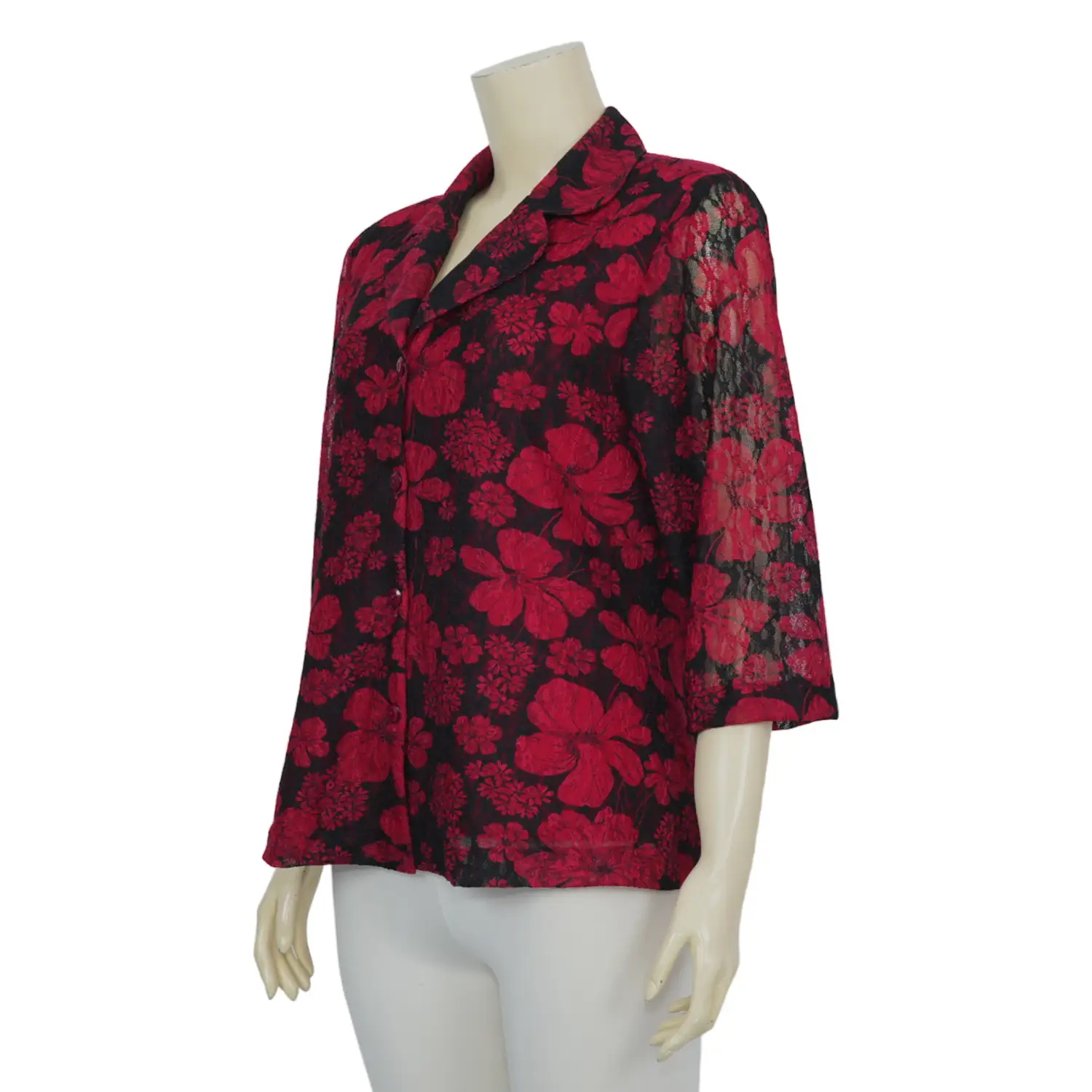 เสื้อคอปกฮาวายเทเลอร์ แขน 3 ส่วน ผ้าลูกไม้ราเชลสีแดง - Image 2