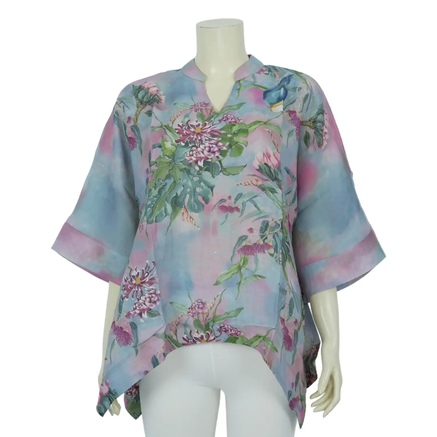 เสื้อคอจีน ผ่าหน้าคอวี แขน 3 ส่วน ลายธรรมชาติ
