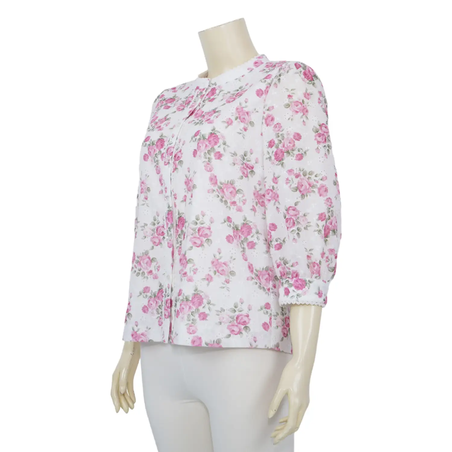 เสื้อคอจีน ปลายแขนพอง ยาว 5 ส่วน ผ้าลายดอกไม้และ ปักฉลุลาย - Image 2