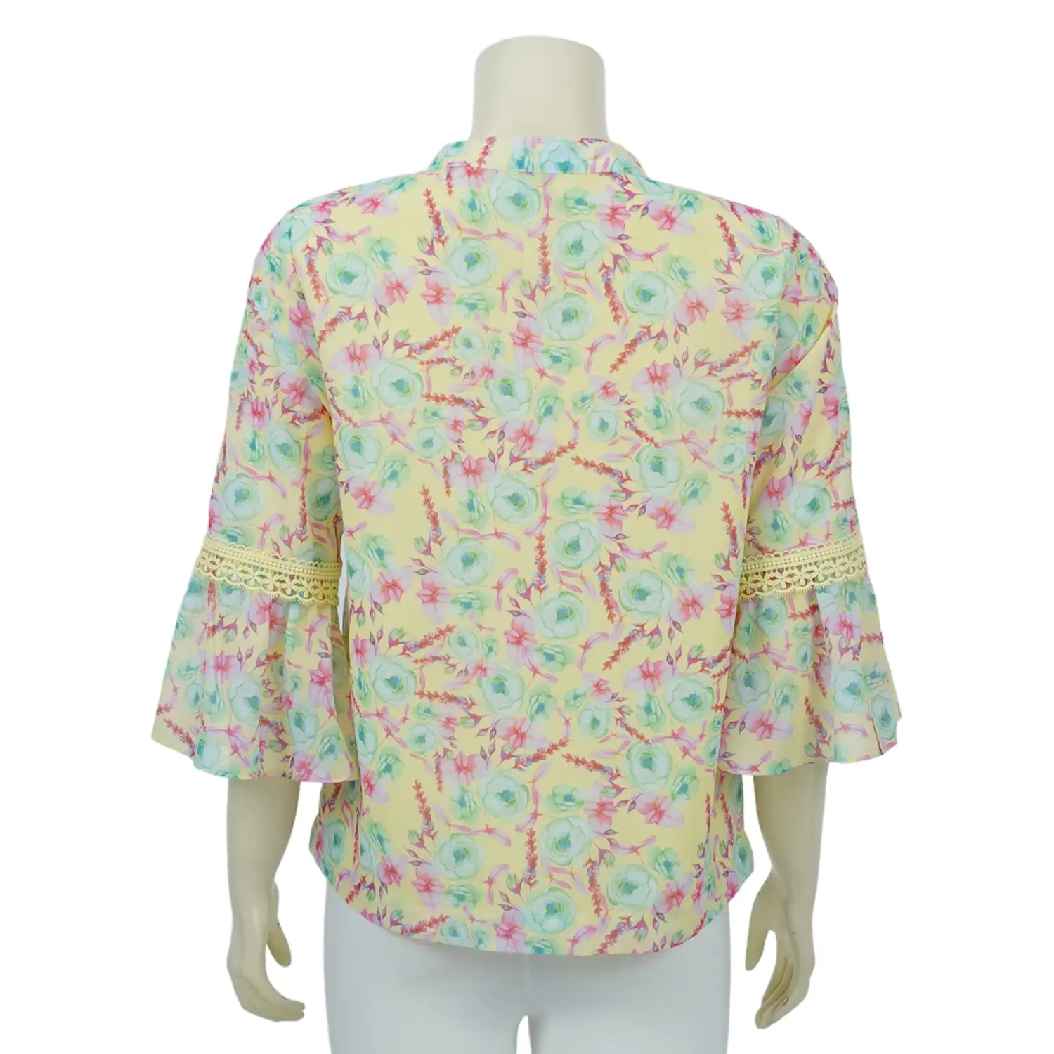 เสื้อคอจีน แต่งเทปลูกไม้ แขนบานทรงกระดิ่ง 4 ส่วน ผ้าลายดอกไม้ - Image 3