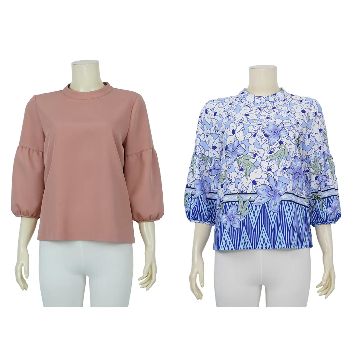 เซตเสื้อคอตั้ง แขนพอง สีน้ำเงินและสีชมพู ลายดอกไม้และผ้าพื้น รวม 2 ตัว (สงวนสิทธิ์ในการเลือก)