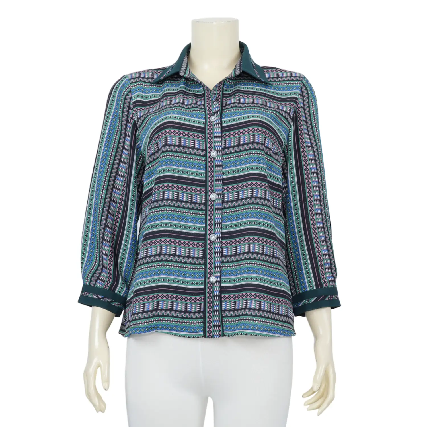 เสื้อเชิ้ตสตรีแขน 4 ส่วน ทรงกระบอก ผ้าลายทางกราฟิก - Image 2