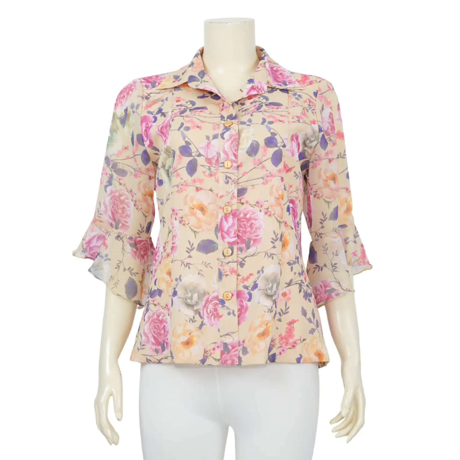 เสื้อเชิ้ตสตรีแขน 3 ส่วน ทรงกระบอก ลายดอกไม้ ผ้าชีฟองอังโกร่า