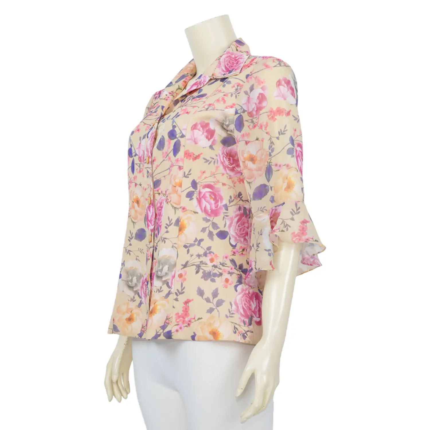 เสื้อเชิ้ตสตรีแขน 3 ส่วน ทรงกระบอก ลายดอกไม้ ผ้าชีฟองอังโกร่า - Image 2