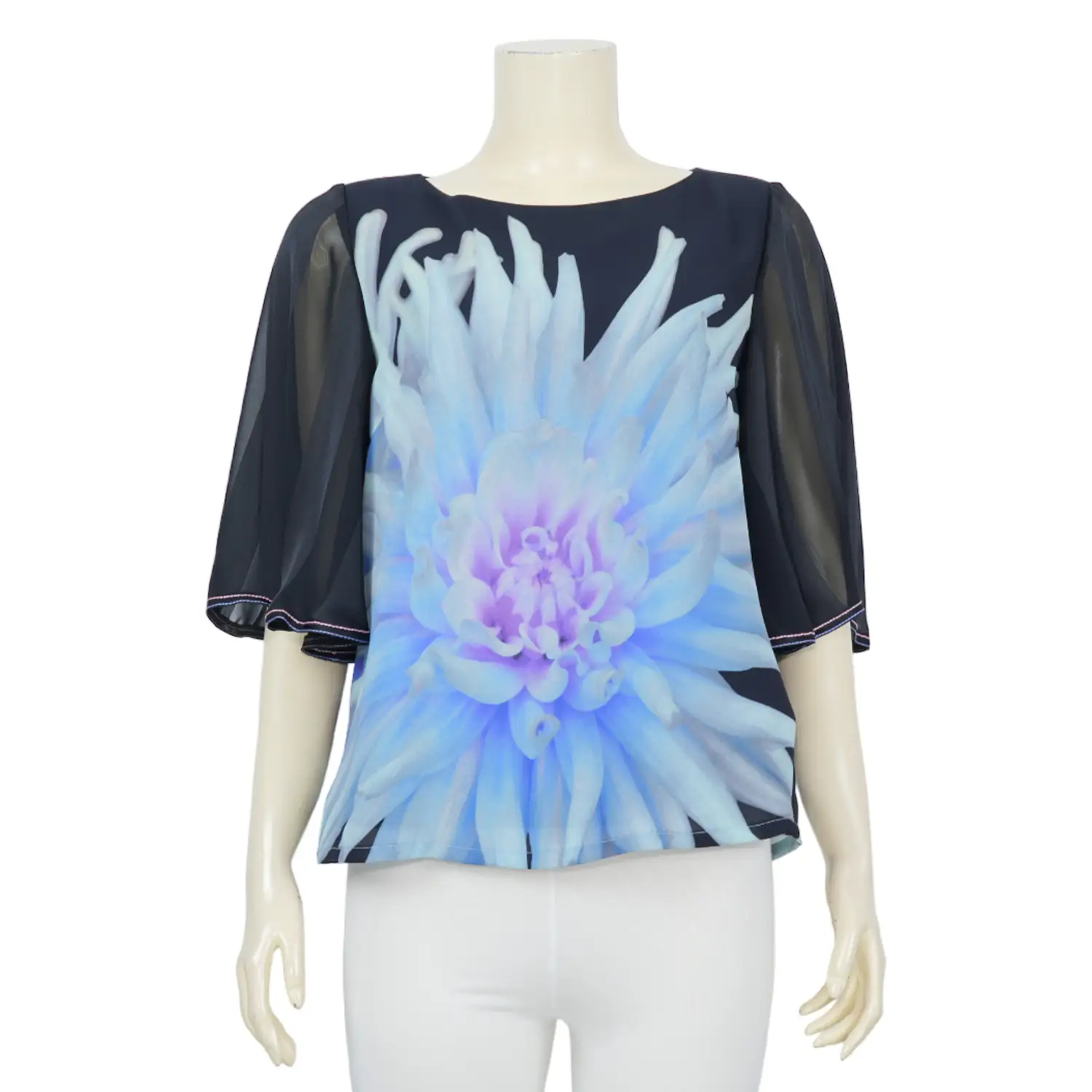 เสื้อคอปาด แขนระบาย 3 ส่วน ผ้าชีฟองปริ้นท์