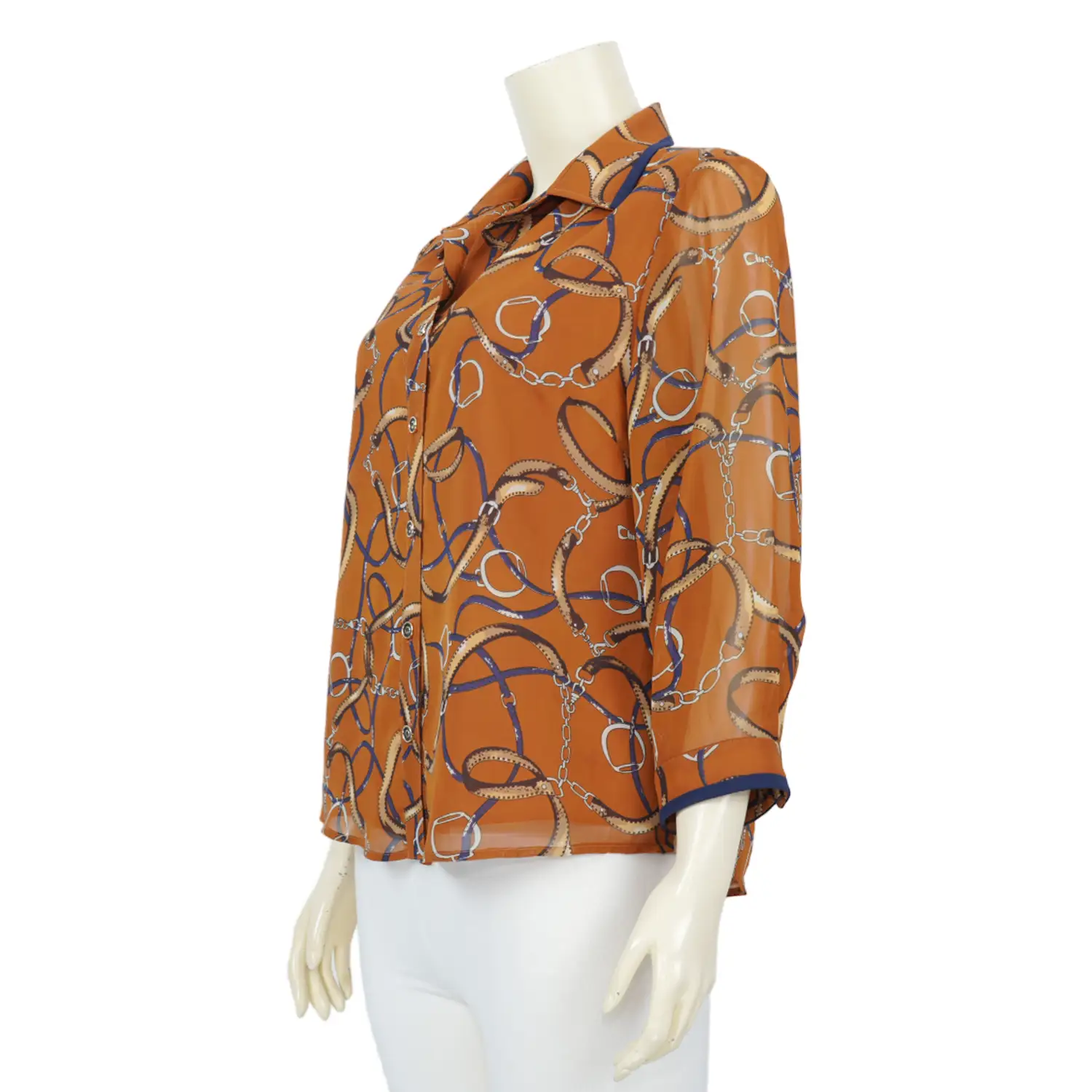 เสื้อเชิ้ตสตรีแขน 4 ส่วน ทรงกระบอก ผ้าชีฟองปริ้นท์ พิมพ์ลายเข็มขัดและโซ่MIKIKO - Image 2