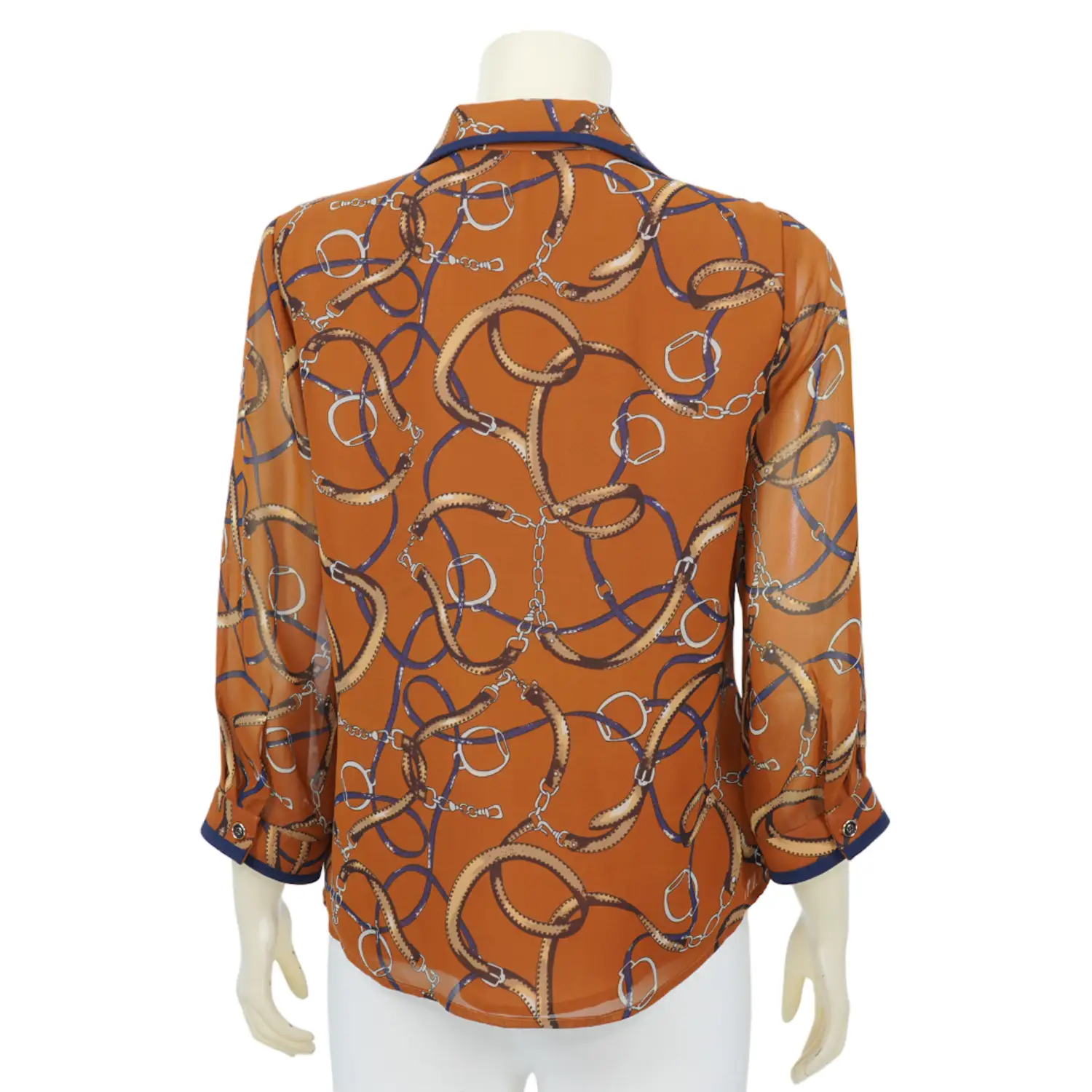 เสื้อเชิ้ตสตรีแขน 4 ส่วน ทรงกระบอก ผ้าชีฟองปริ้นท์ พิมพ์ลายเข็มขัดและโซ่MIKIKO - Image 3
