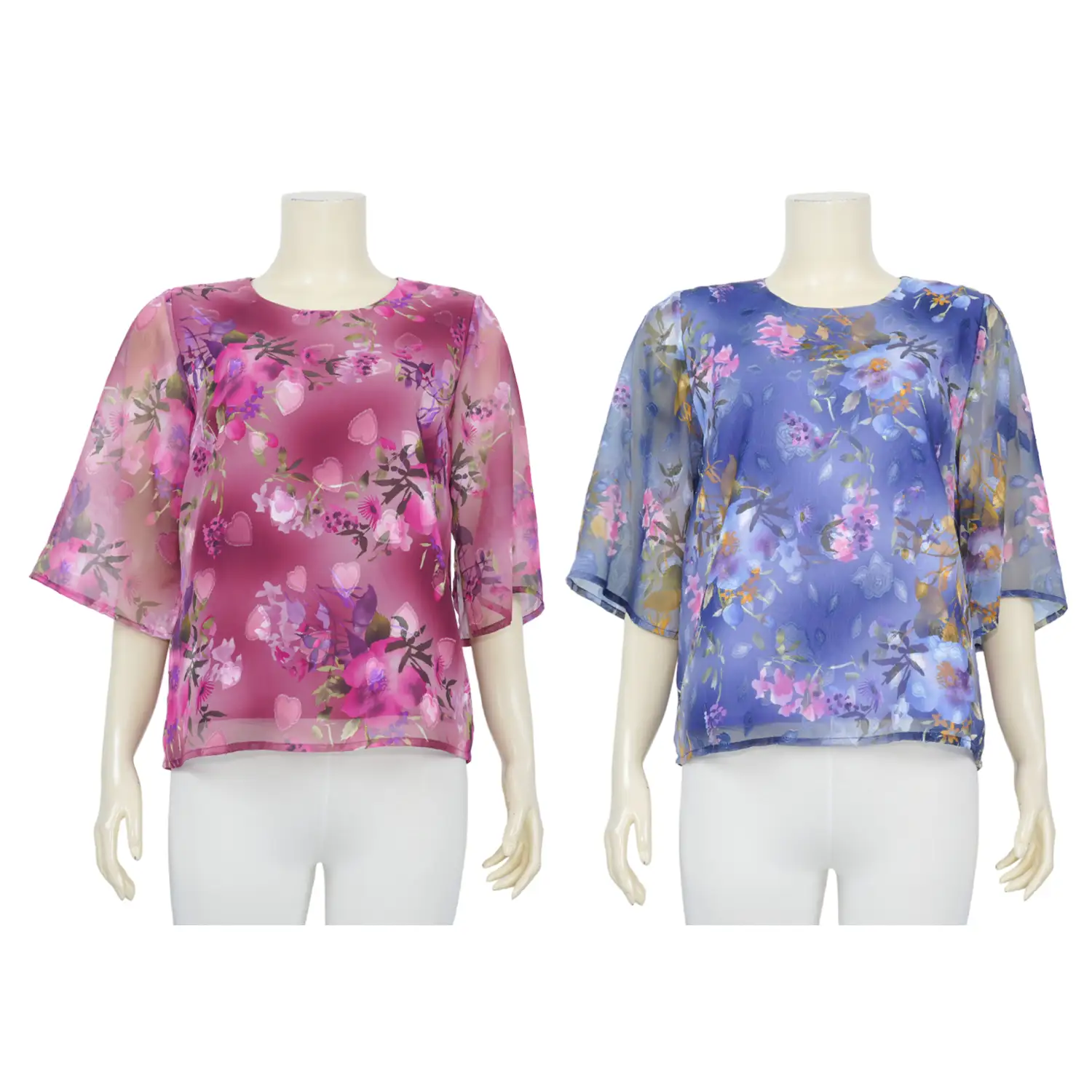 เสื้อคอกลมแขน 3 ส่วน ลายดอกไม้ ผ้าชีฟองอุรากิรี่