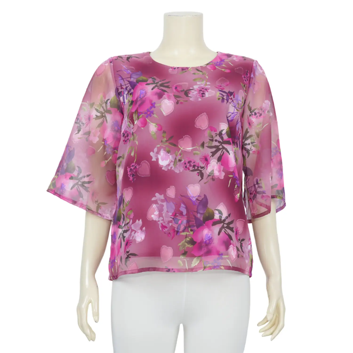 เสื้อคอกลมแขน 3 ส่วน ลายดอกไม้ ผ้าชีฟองอุรากิรี่ - Image 2