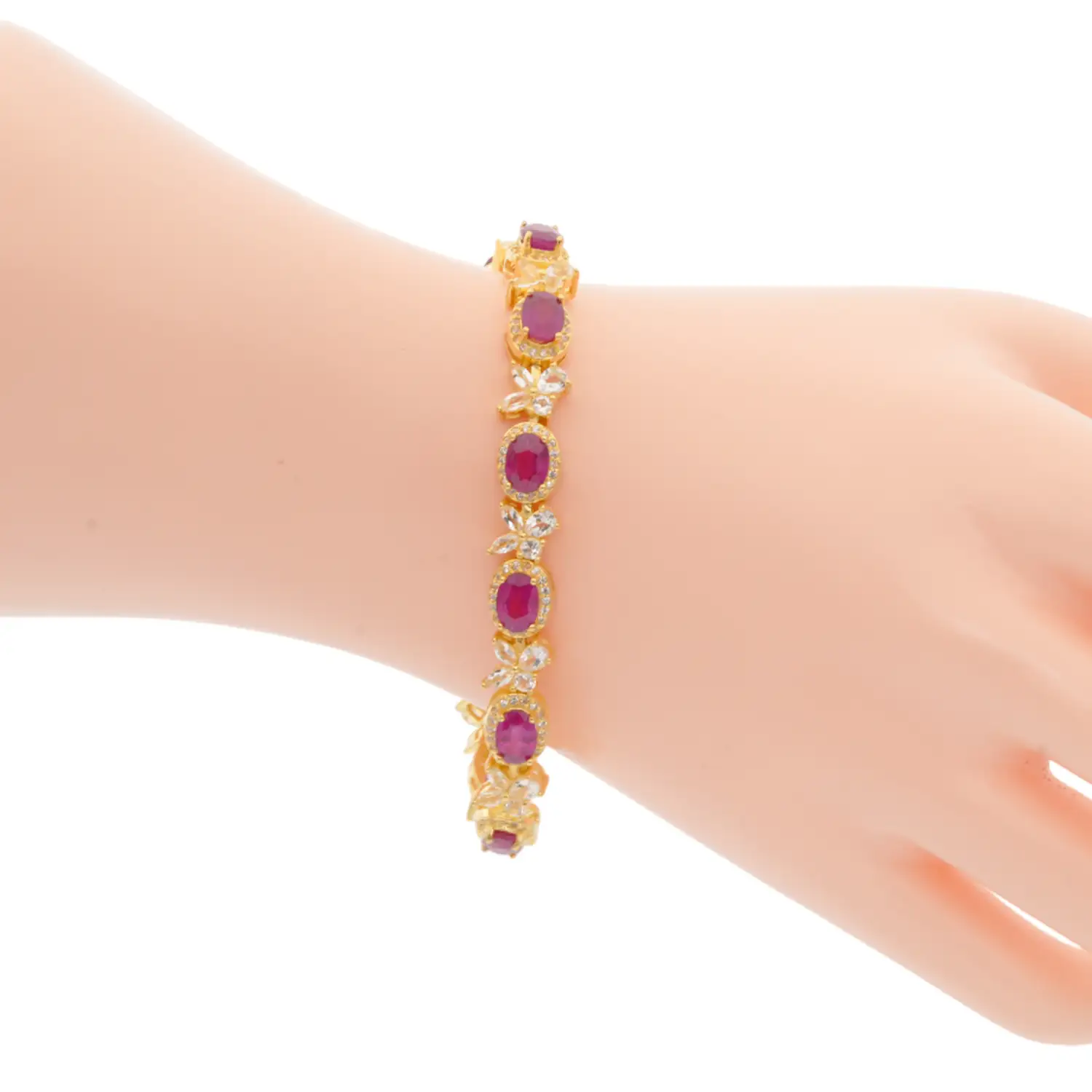 สร้อยข้อมือเงิน925 ชุบทอง18K ประดับทับทิม โทแพซสีขาว และเซอร์คอนสีขาว - Image 2