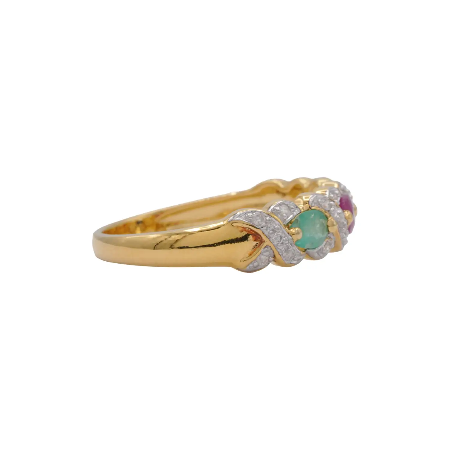 แหวนเงิน925 ชุบทอง18K ประดับทับทิม, มรกต, ไพลินและเพชร - Image 3