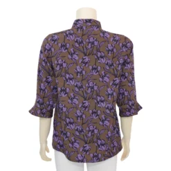 เสื้อคอตั้งแต่งโบ แขน 3 ส่วน ปลายแขนระบาย ลายดอกไม้สีม่วง - Image 3