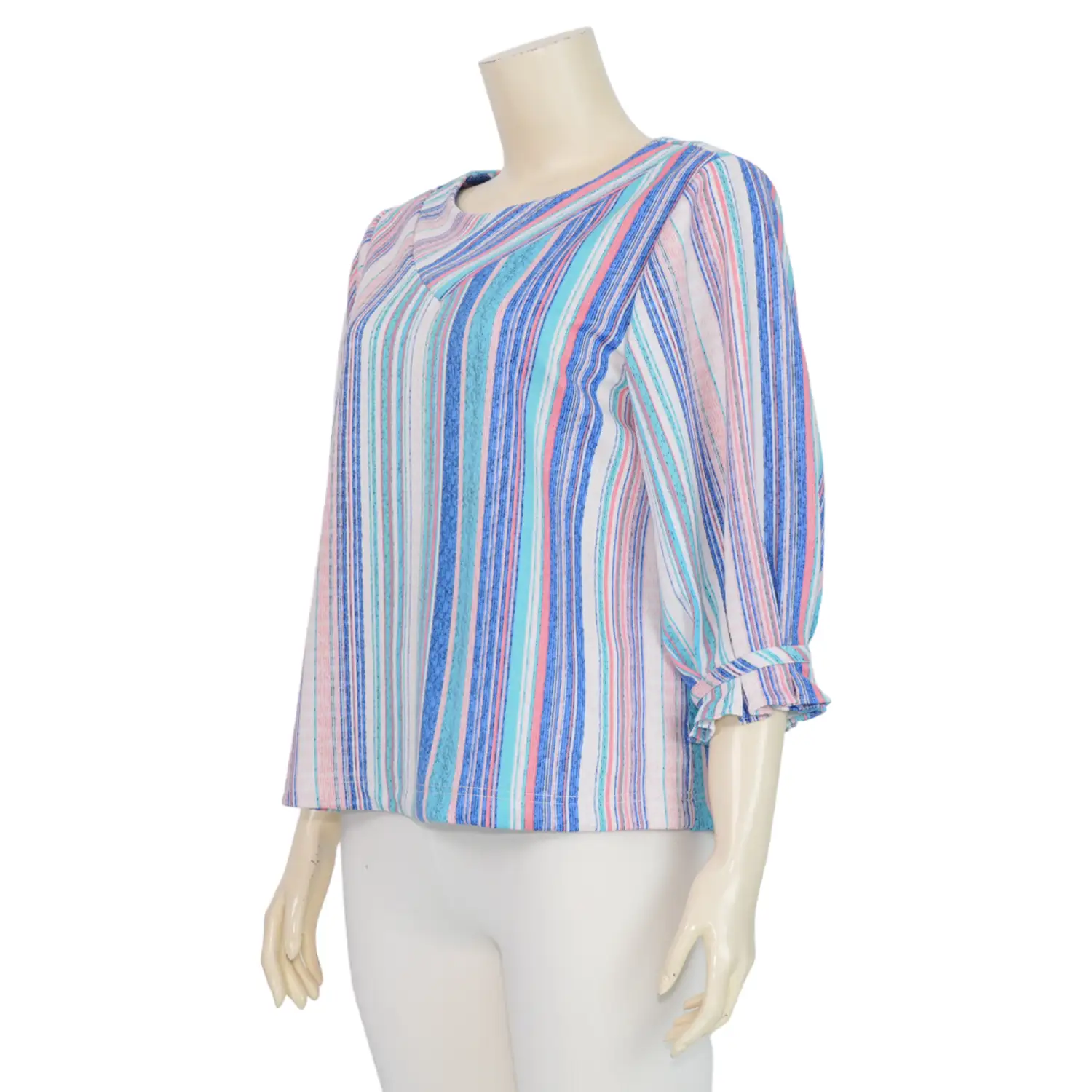 ชมพู เสื้อคอกลม แขน 3 ส่วน ผ้าคูชั่นลายทาง - Image 2