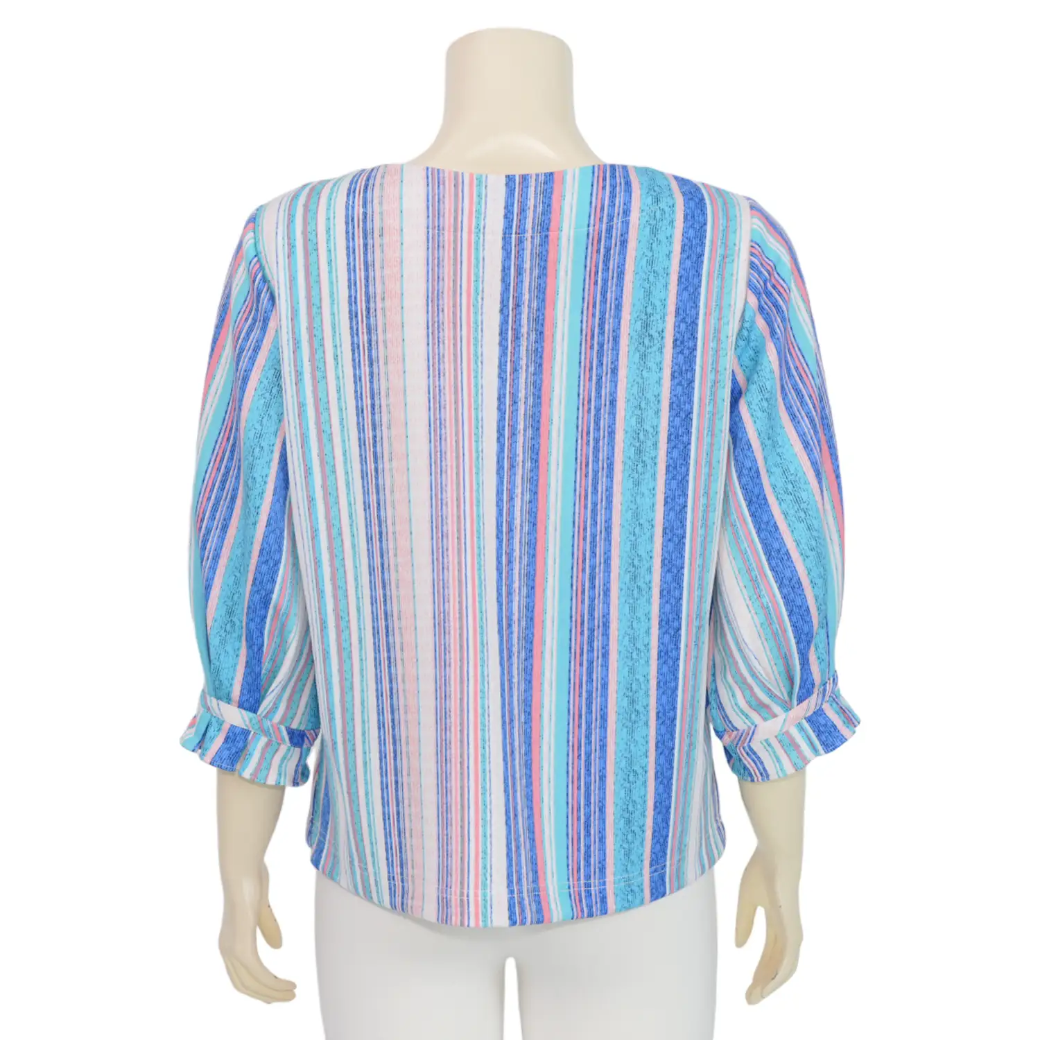 ชมพู เสื้อคอกลม แขน 3 ส่วน ผ้าคูชั่นลายทาง - Image 3