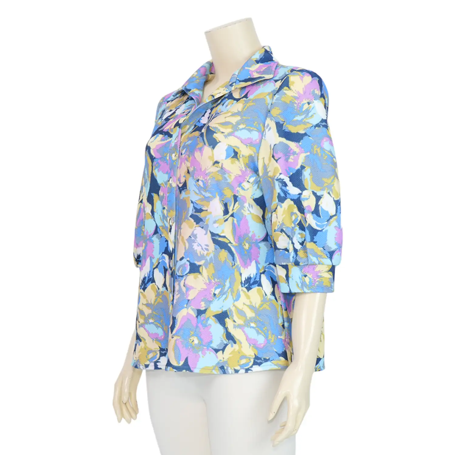 ชมพู เสื้อเชิ้ตคอปกปีกนก แขน 3 ส่วน ผ้าคูชั่นปริ้นท์ - Image 2