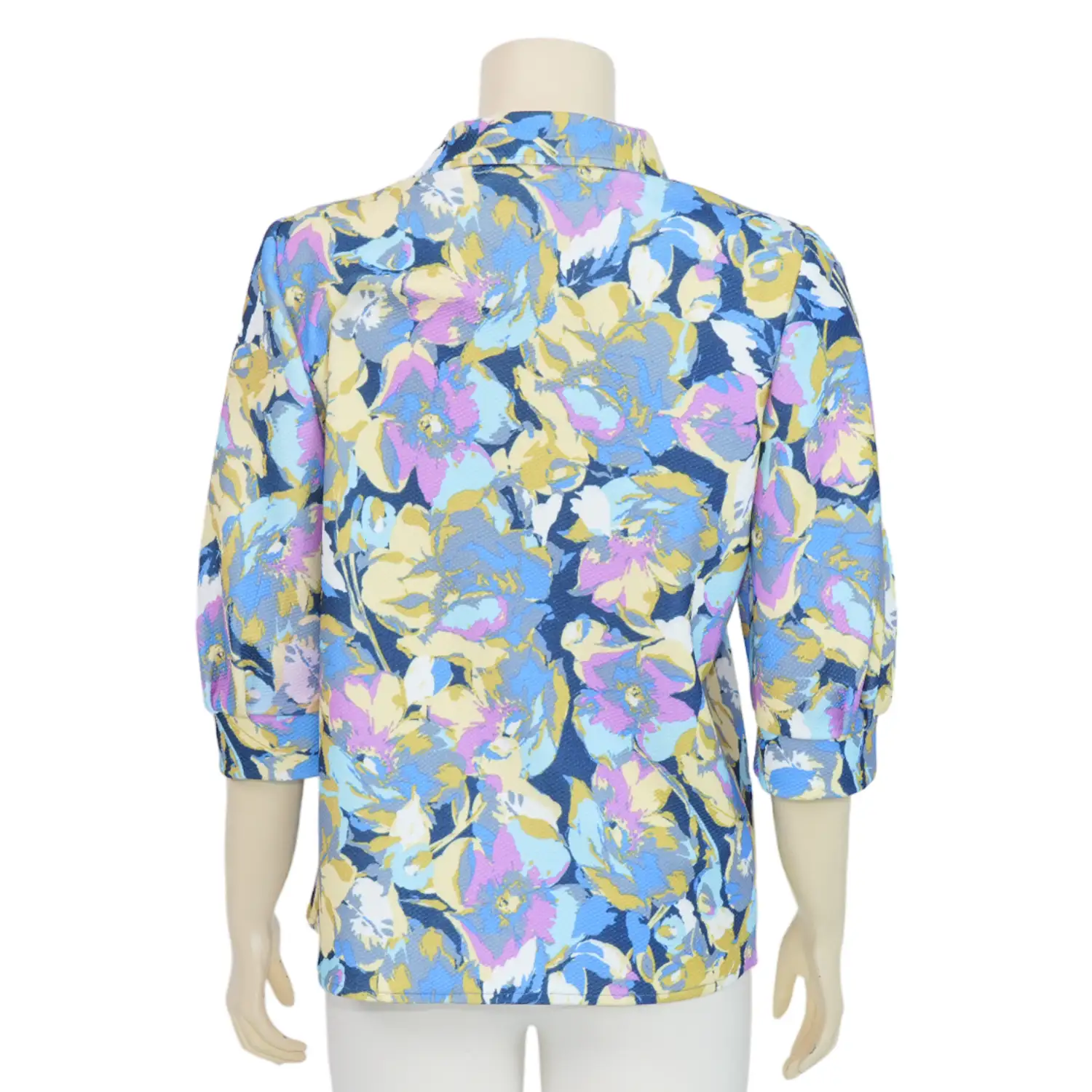 ชมพู เสื้อเชิ้ตคอปกปีกนก แขน 3 ส่วน ผ้าคูชั่นปริ้นท์ - Image 3