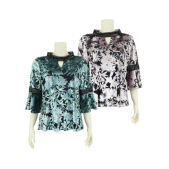 เสื้อสตรีคอตั้ง เจาะฐาน คอรูปตัววี แขน 4 ส่วน ตัดต่อปลายแขนกระดิ่ง ผ้าเบิร์นเอ้าท์ลายใบไม้ พิมพ์ลายดอกไม้