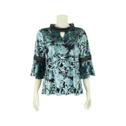เสื้อสตรีคอตั้ง เจาะฐาน คอรูปตัววี แขน 4 ส่วน ตัดต่อปลายแขนกระดิ่ง ผ้าเบิร์นเอ้าท์ลายใบไม้ พิมพ์ลายดอกไม้ - Image 3