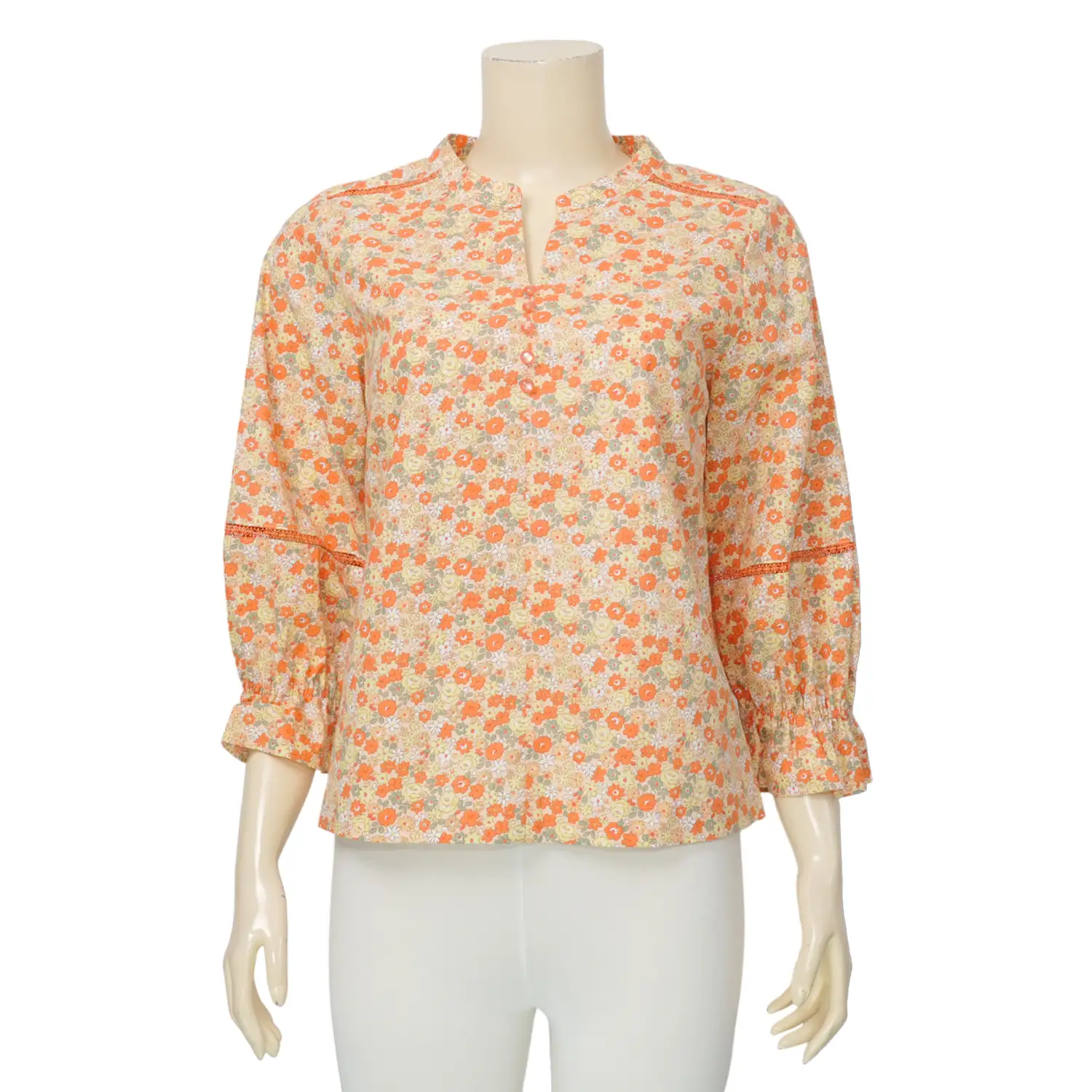 มินนะ เสื้อคอจีน แขนพองยาว 5 ส่วน ผ้าคอตตอน พิมพ์ลายดอกไม้