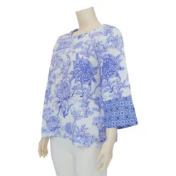ลียา เสื้อคอกลมผ่ารูปหยดน้ำ แขน 4 ส่วน ลายดอกไม้ โทนสีคราม-น้ำเงิน - Image 2