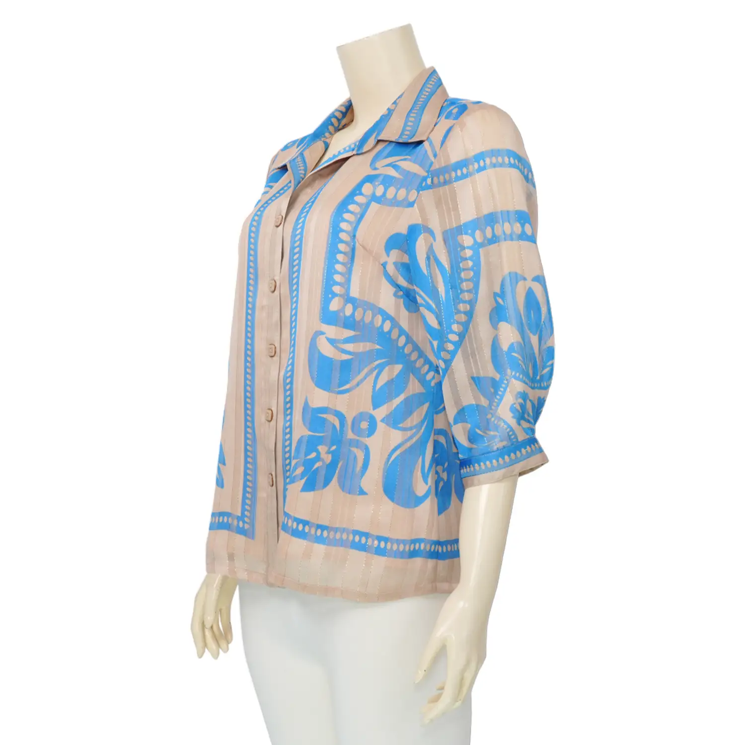 มิกิโกะ เสื้อเชิ้ต แขน 3 ส่วน ผ้าชีฟองเมทัลลิก โทนสีเบจ - Image 2