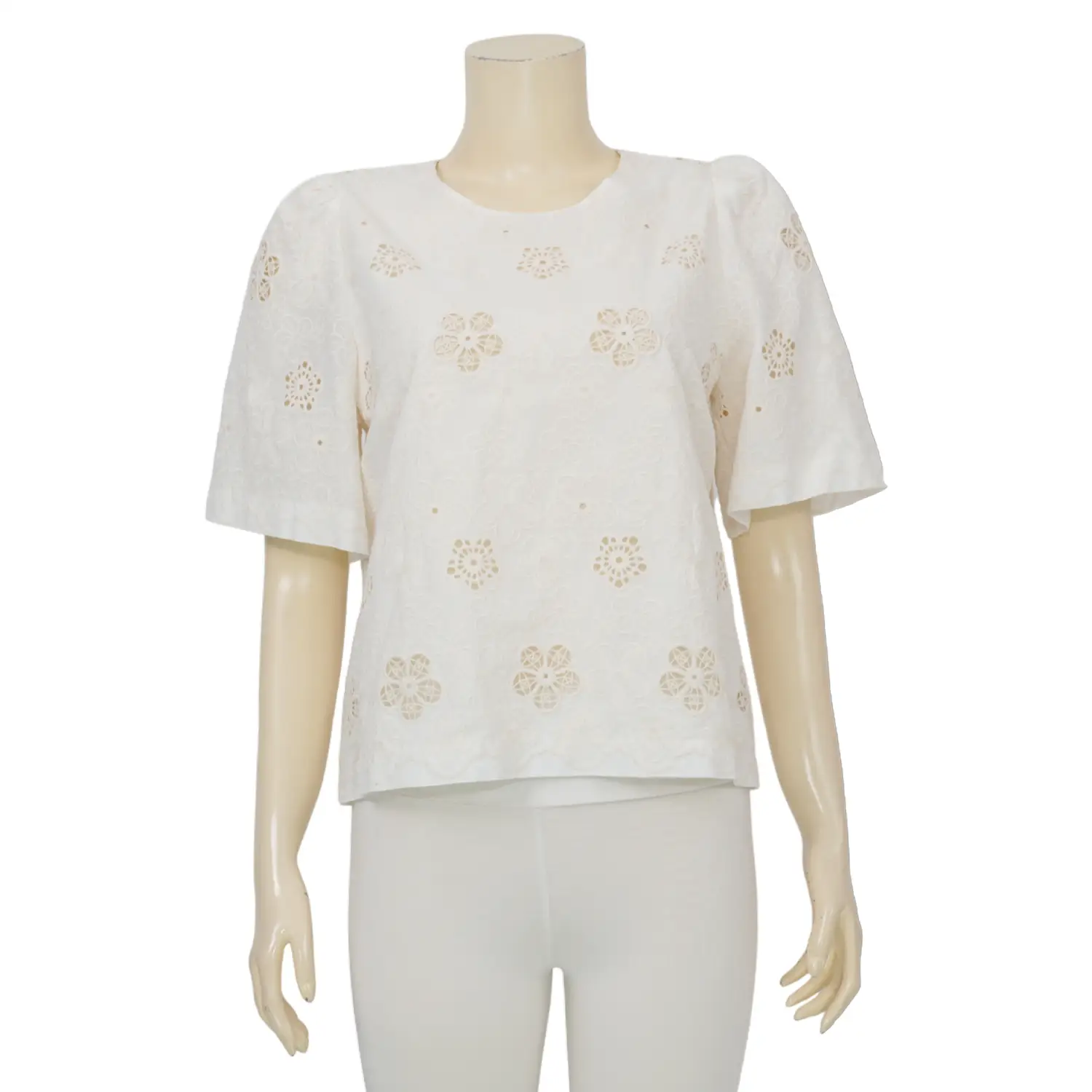 IIMK เสื้อเบลาส์คอกลม แขนสั้นทรงแขนพอง ผ้าคอตตอน ปักลายดอกไม้
