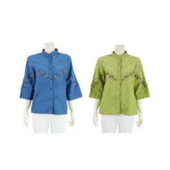 เสื้อคอจีน แขน 3 ส่วน  ผ้าคอตตอน แต่งฉลุ และปักลายดอกไม้