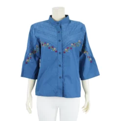 เสื้อคอจีน แขน 3 ส่วน ผ้าคอตตอน แต่งฉลุ และปักลายดอกไม้ - Image 2