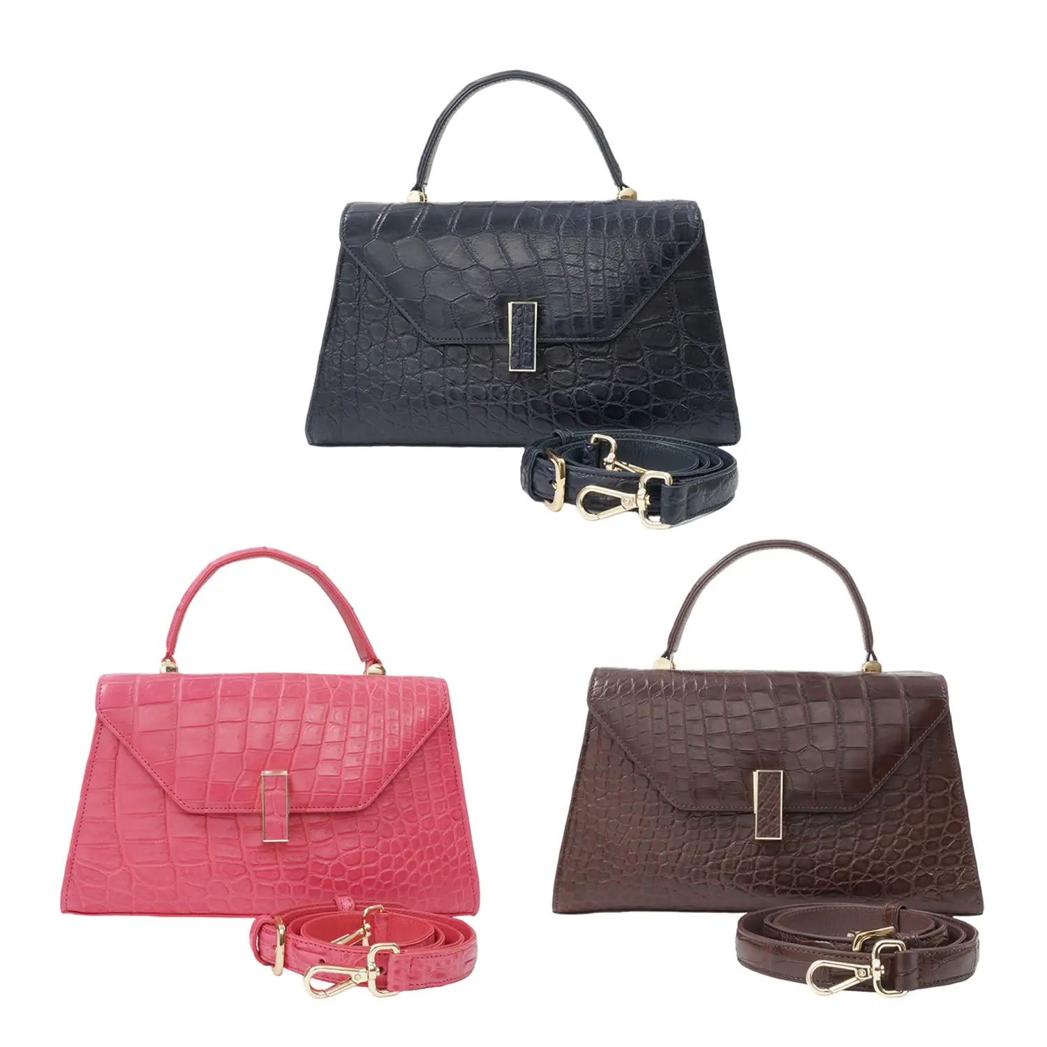 รีเวอร์ กระเป๋าถือหนังท้องจระเข้ ดีไซน์ฝาปิด ตัวล็อกแบบหมุนเปิด (ใช้งานได้ 2 แบบ)