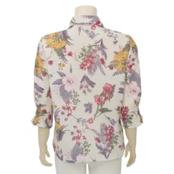 ชมพู เสื้อเชิ้ต แขน 3 ส่วน  ผ้ายืดแฟนซีสีครีม ลายดอกไม้ - Image 3