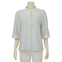 ชมพู เสื้อเชิ้ตคอปกลูกไม้ แขน 3 ส่วน ผ้าทอลาย  Basketweave