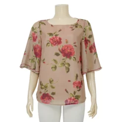 มิกิโกะ เสื้อเบลาส์คอปาด แขนระบายยาว 3 ส่วน ผ้าชีฟองลายดอกกุหลาบ