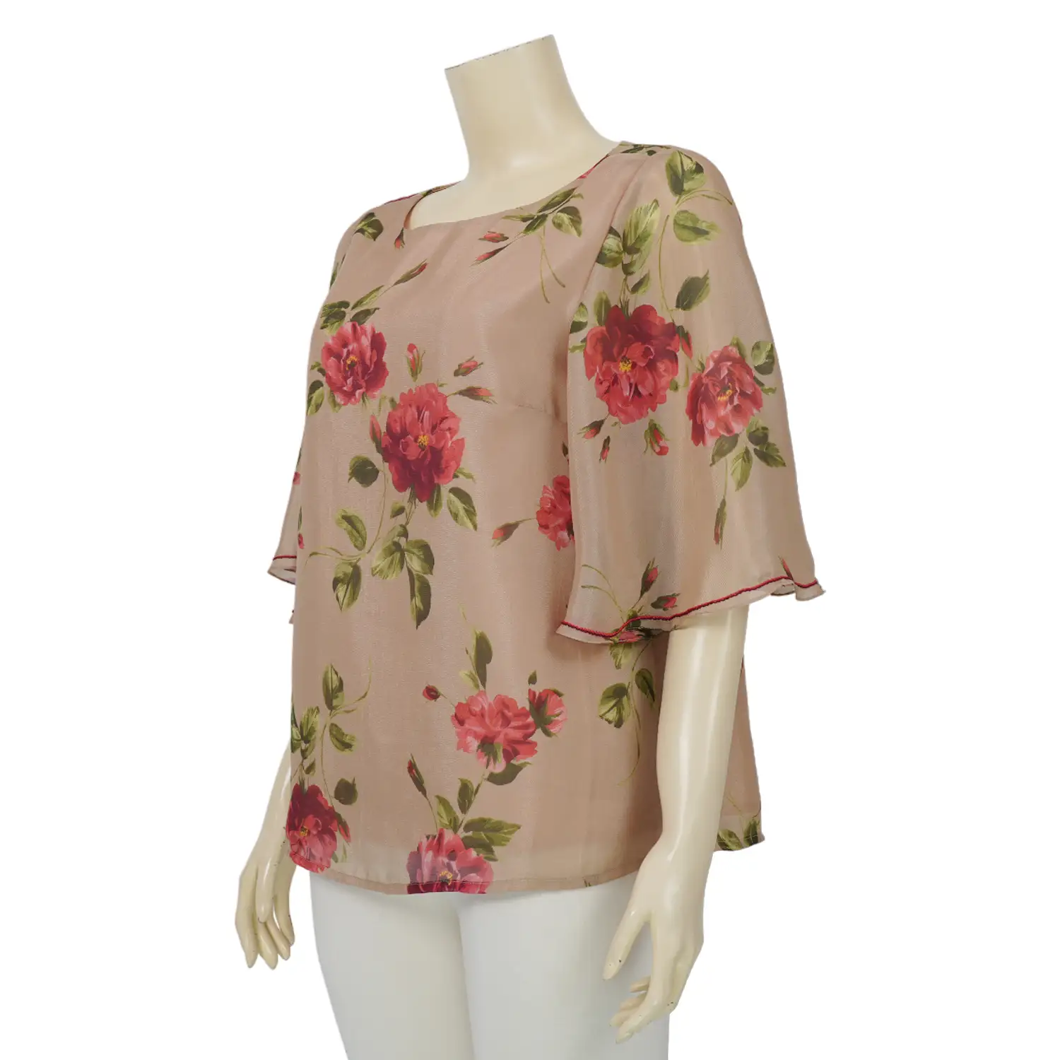 มิกิโกะ เสื้อเบลาส์คอปาด แขนระบายยาว 3 ส่วน ผ้าชีฟองลายดอกกุหลาบ - Image 2