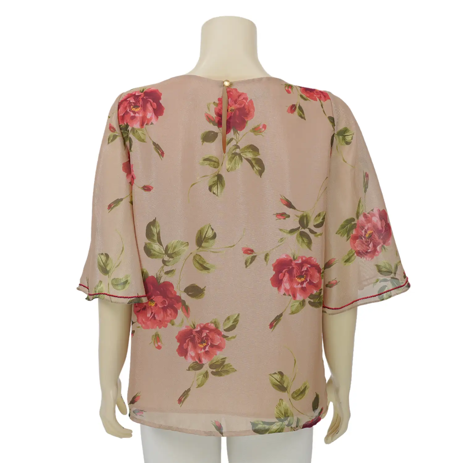 มิกิโกะ เสื้อเบลาส์คอปาด แขนระบายยาว 3 ส่วน ผ้าชีฟองลายดอกกุหลาบ - Image 3