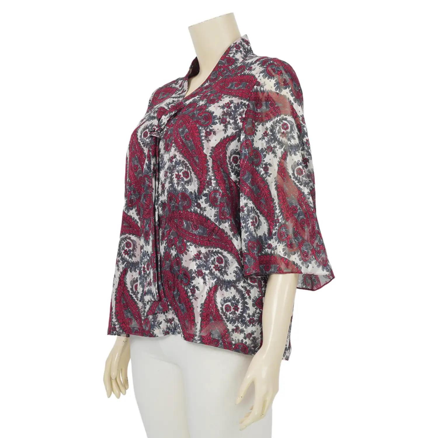 มิกิโกะ เสื้อเบลาส์คอวี แขนระบายยาว 3 ส่วน ผ้าเบิร์นเอาท์ ลายสไตล์วินเทจ - Image 2
