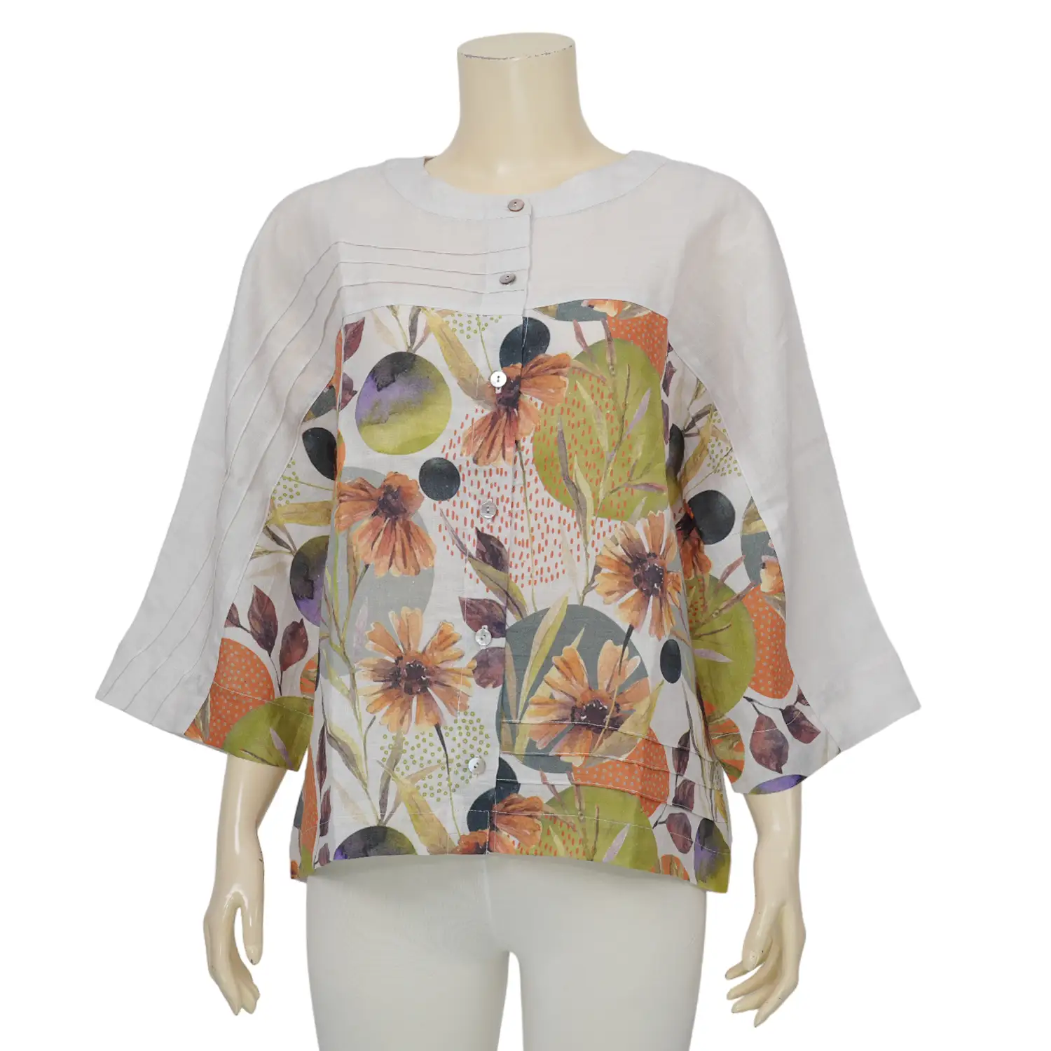 ลียา เซตเสื้อคอจีน แขน 4 ส่วน ลายดอกไม้โทนสีน้ำ และกระเป๋าผ้าทรงโทท - Image 2