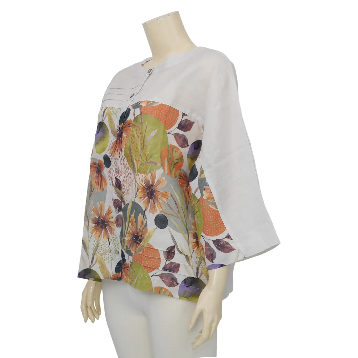 ลียา เซตเสื้อคอจีน แขน 4 ส่วน ลายดอกไม้โทนสีน้ำ และกระเป๋าผ้าทรงโทท - Image 3