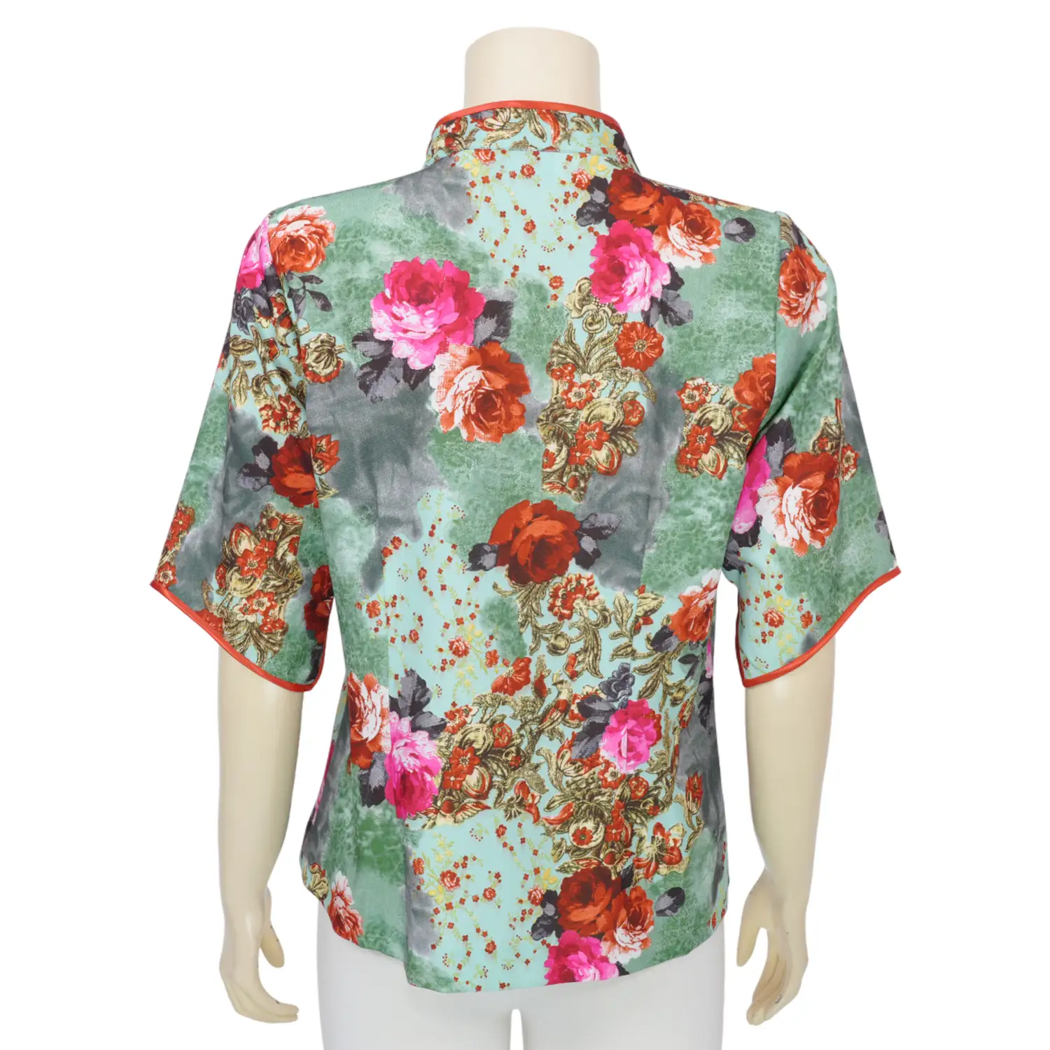 มิกิโกะ เสื้อกี่เพ้าคอจีน แต่งกระดุมเฉียง แขนสั้น ลายดอกกุหลาบ - Image 3