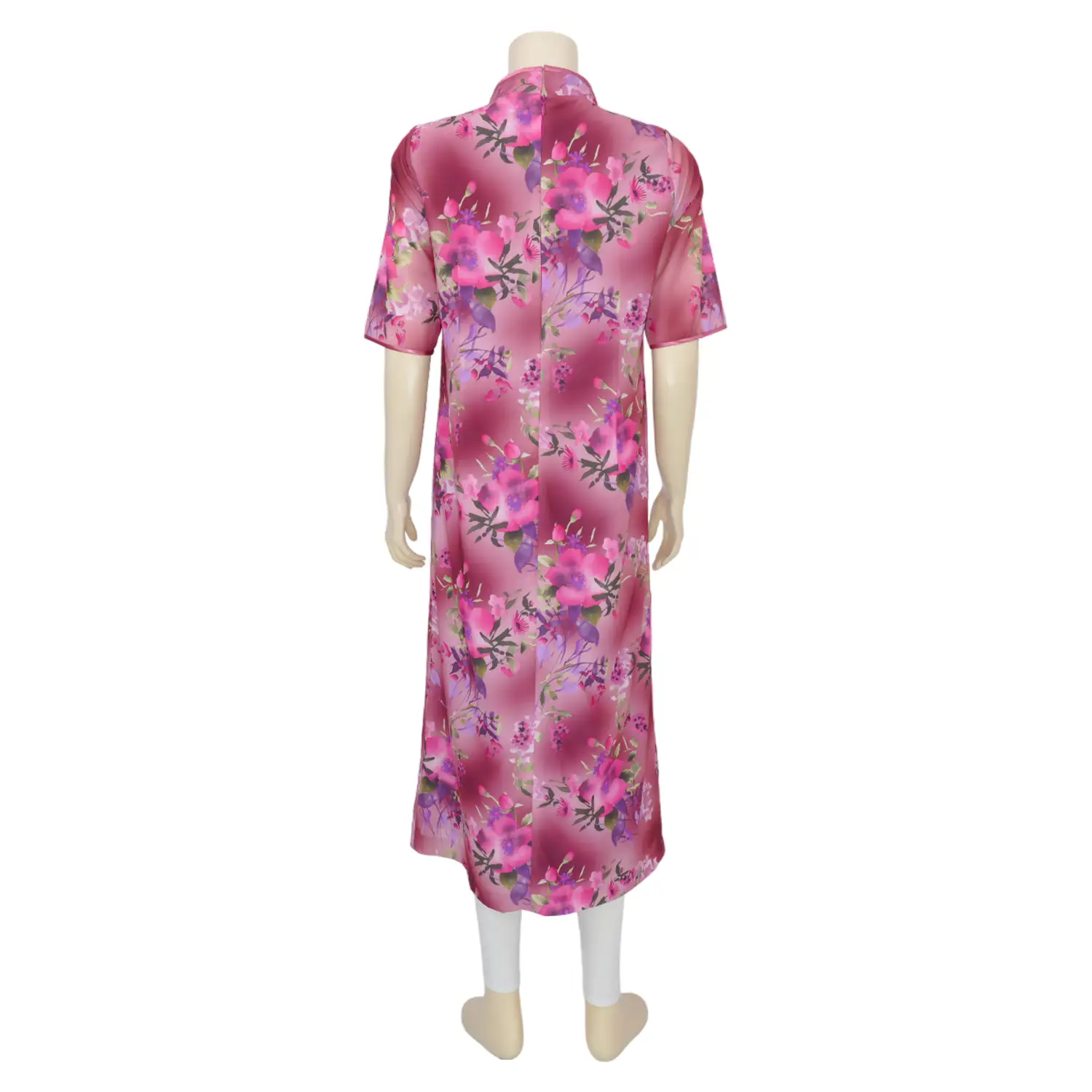 มิกิโกะ เดรสกี่เพ้าคอจีน แต่งกระดุมจีน แขนสั้น ผ้าจิกกี้ลายดอกไม้สีชมพู - Image 3