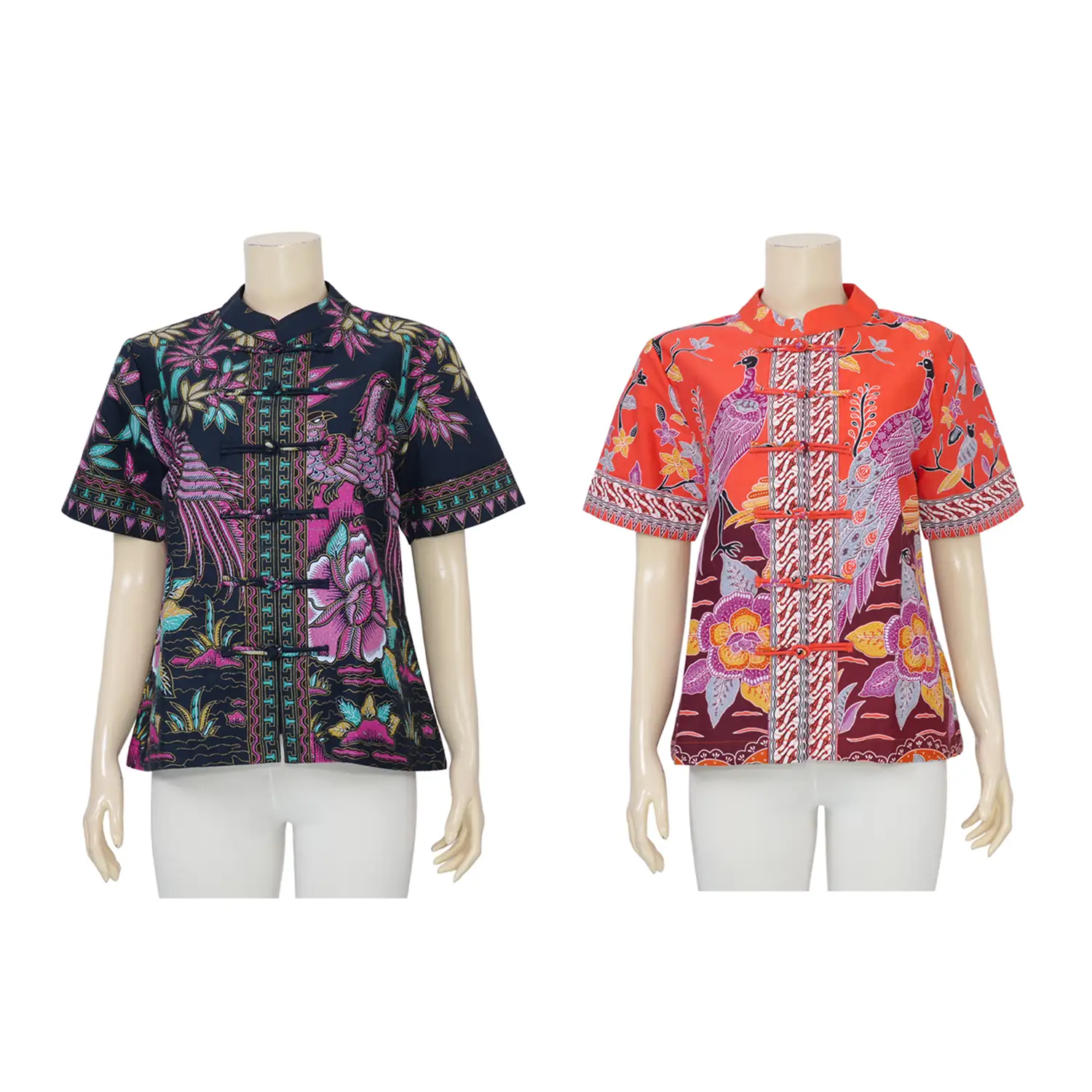 เซ้าท์ แฟบริค เสื้อคอจีน แขนสั้น ผ้าปาเต๊ะลายนกยูง